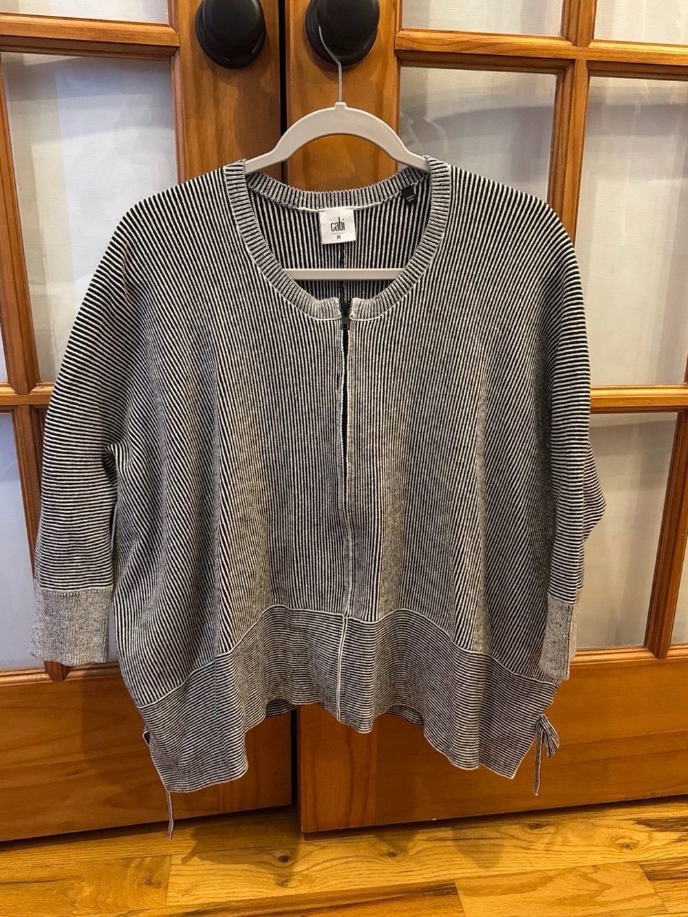 CAbi Black and White Striped Zip-Front Cardigan